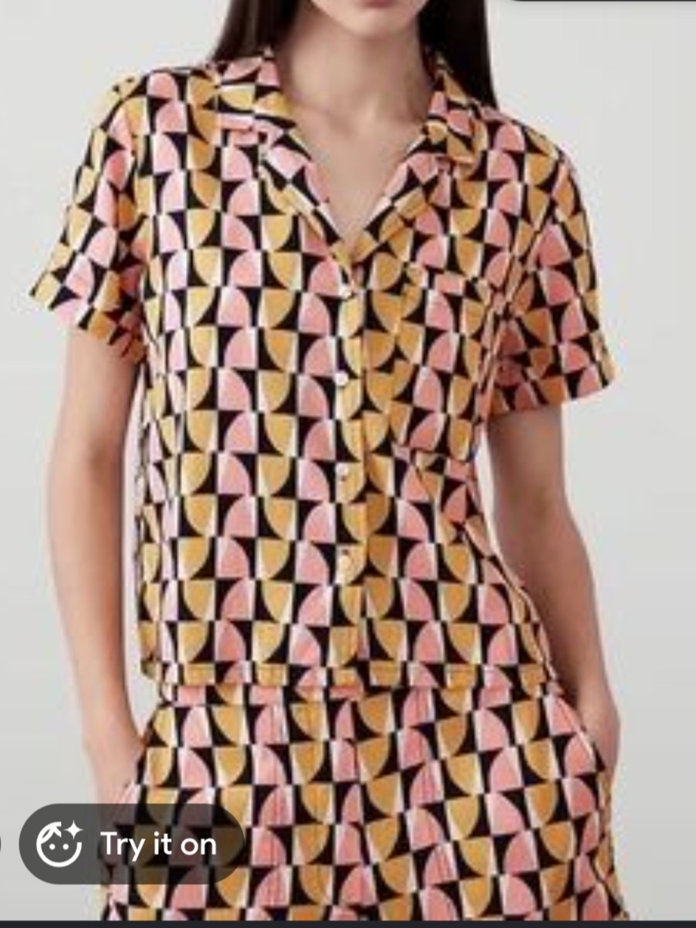 Banana Republic Geometric Pink and Yellow Short Sleeve Button-Up Top